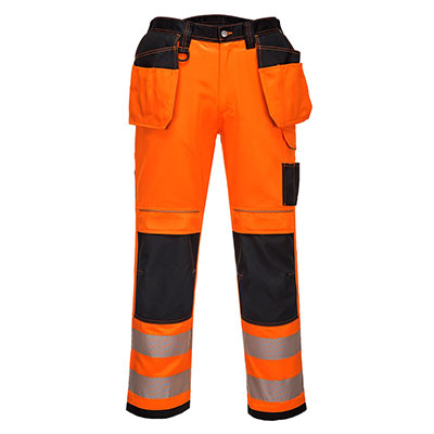 Portwest PW306 Holster Trouser Black and Orange Front - water resistant work trousers