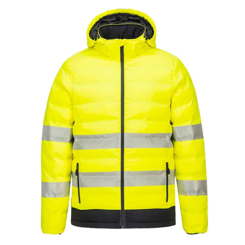 Portwest S548 Hi-Vis Ultrasonic Heated Tunnel Jacket Yellow Front - hi vis heated jacket