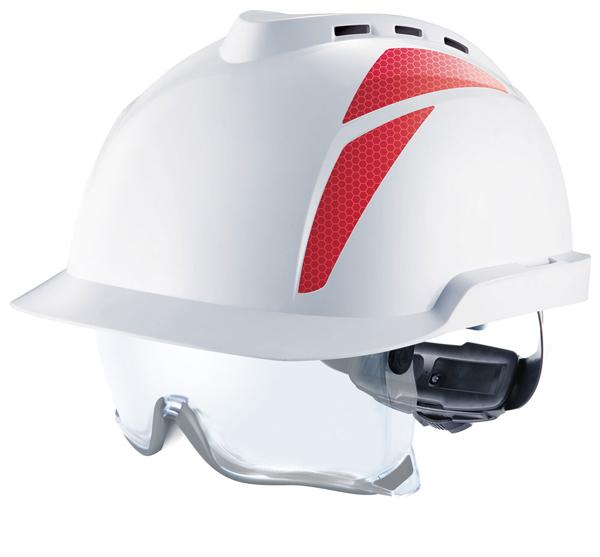 MSA V gard 930 Vented Helmet with Red sticker and clear safety glasses