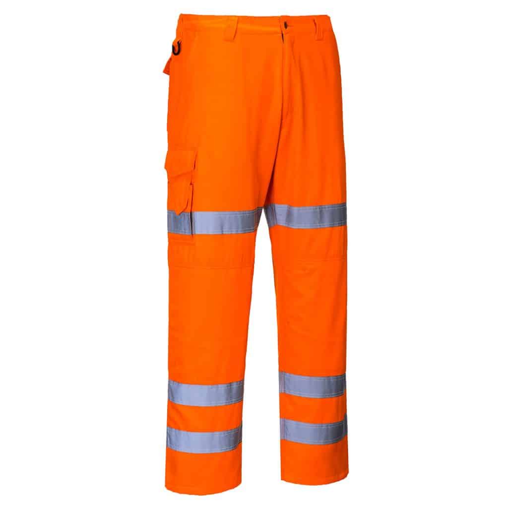 Portwest RT49 orange rail combat trouser front - orange hi vis trousers