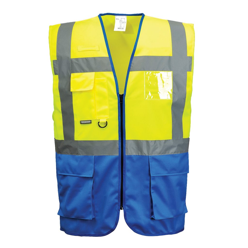 Portwest C476 Warsaw Executive Vest Yellow and Blue Front - hi vis vest with zip