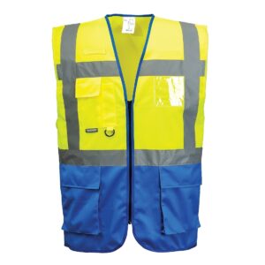 Portwest C476 Warsaw Executive Vest Yellow and Blue Front - hi vis vest with zip