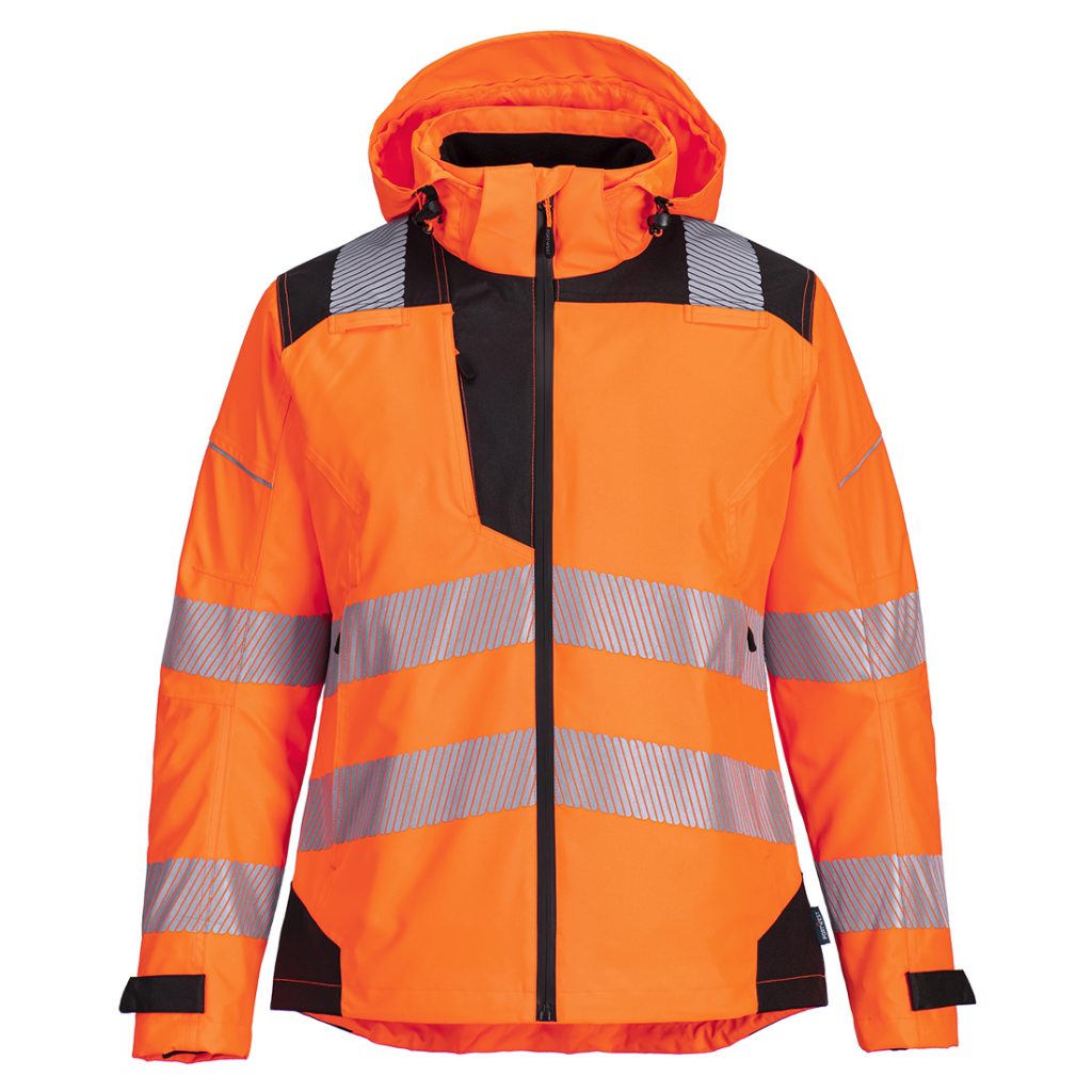 Portwest PW389 PW3 Hi-Vis Women's Rain Jacket Orange & Black Front - womens hi vis jacket