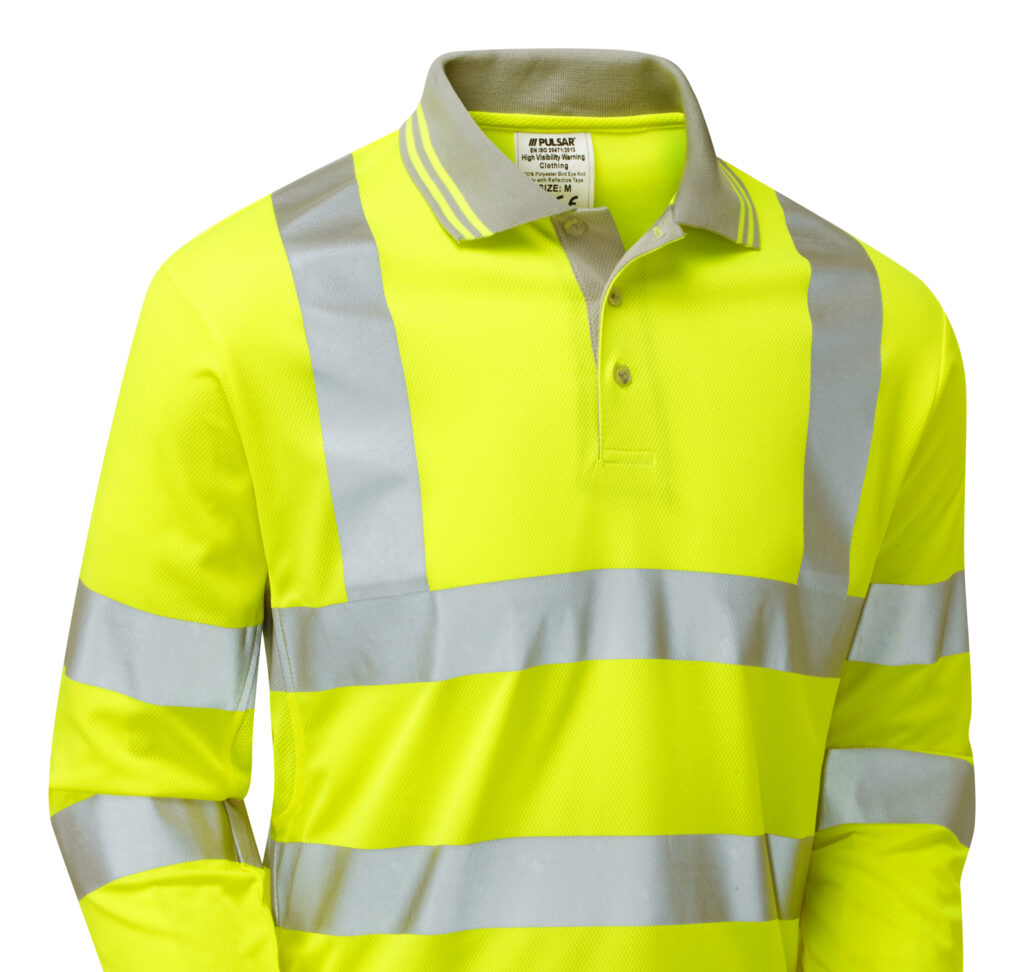 Pulsar P458 Hi Vis Yellow Long Sleeve Polo Shirt - Front Close Up