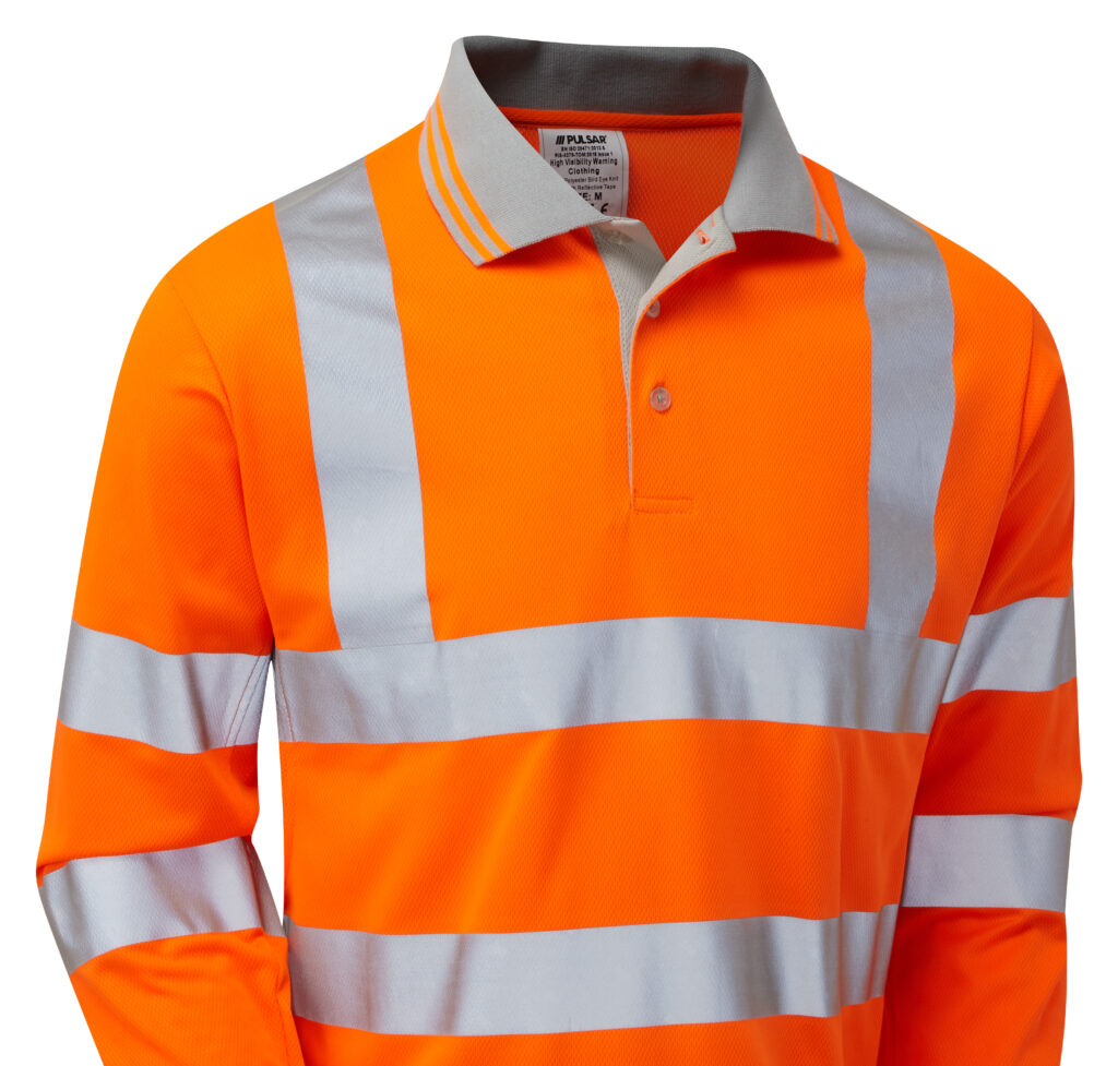 Pulsar PR470 Hi Vis Orange Long Sleeve Polo Shirt - Front Close up